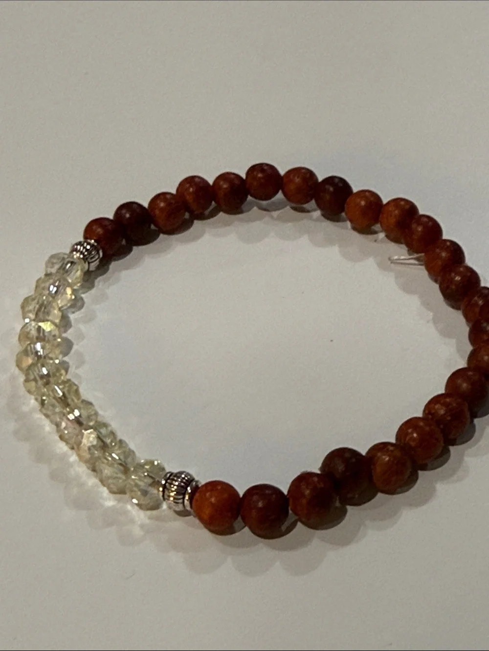 Wood Beaded Stretch Bracelet with Faceted Pale Yellow Crystal Accents Size 8